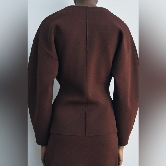 ZARA Khaite Inspired Brown 2-Piece Cardigan Sweater & Skirt Outfit Set - Picture 4 of 16